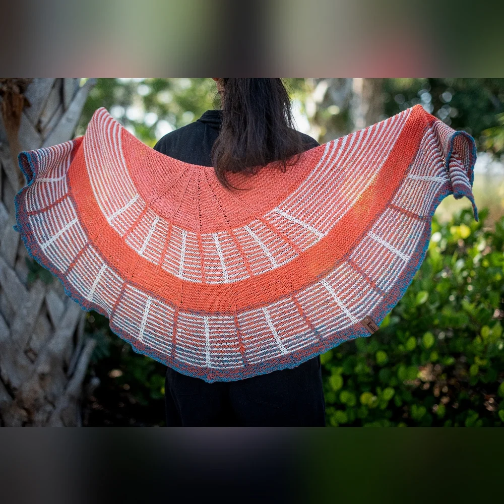 Hand Crafted OOAK Avantgarde Boho Striped Cotton Orange Blue Summer Knit Shawl - Picture 2 of 15